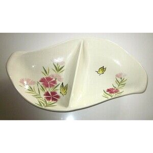 Vintage MCM Handpainted Redwing USA Divided Serving Dish Butterflies Flowers